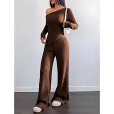 Conjunto Mila Feminino Blusa Assimétrica Manga Comprida  + Calça Pantalona Malha Ribana Moda Inverno