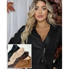 Jaqueta de Couro Feminina com Zíper Elegante Moda Inverno