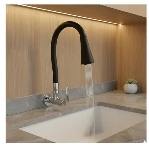 Torneira Cozinha Gourmet Flexível Parede Fria Metal Aço Inoxidável Abs Preto Cromada