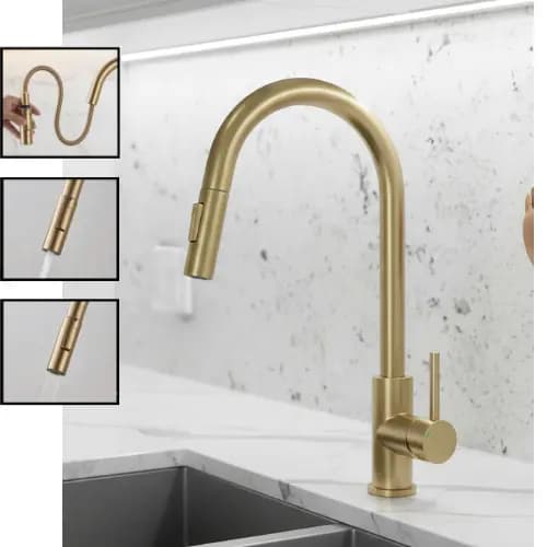 Torneira Cozinha Domma Pia Cuba Gourmet Bancada Extensível Flexível Aço Inox Gold Dourado Fosco