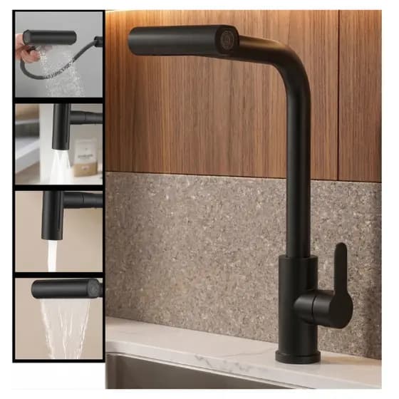 Torneira De Cozinha Gourmet Domma Flexível Extensível Misturador Monocomando Pia Bancada Preto Fosco