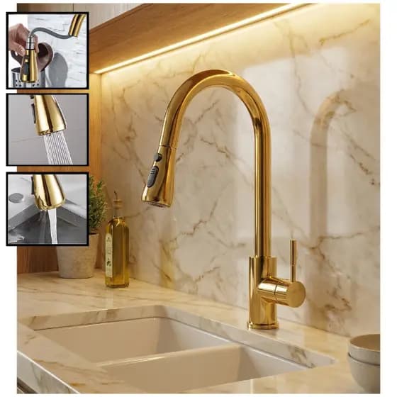 Torneira Cozinha Gourmet Extensível Monocomando Pia Cuba Bancada Abs Metal Aço Inoxidável Dourada