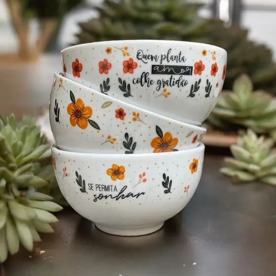 03 Cumbucas Floral Capri Porcelana Cozinha Decoração Decorada 440 ml Sopas Caldos Kit