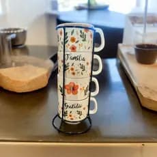 Jogo De Xícaras Empilhavel Floral Café Chá Porcelana Com Suporte Ferro Aço Preto Kit 4 Decoração Cozinha Coffee Moderno
