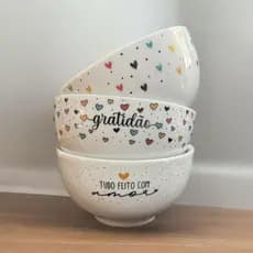 03 Cumbucas Gratidão Tijelas Louça Porcelana Decoração Capri 440 ml Decorada Grande Sopas Caldos Kit