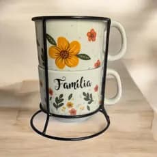 Jogo De Xícaras Floral Empilhavel Café Chá Porcelana Com Suporte Ferro Aço Preto Kit 2 Decoração