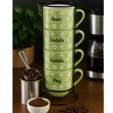 Jogo De Xícaras Empilhavel Amor Verde Café Chá Porcelana Com Suporte Ferro Aço Preto Kit 4 Decoração