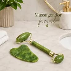 Kit Massageador Facial Jade Roller + Pedra Gua Sha Skincare Anti Inchaço Facial