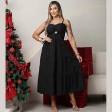 vestido feminino mídi liso alças ajustáveis romântico casual