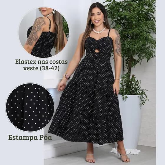 vestido feminino midi estampa poa alça ajustáveis elastex romântico casual