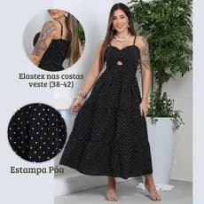 vestido feminino midi estampa poa alça ajustáveis elastex romântico casual