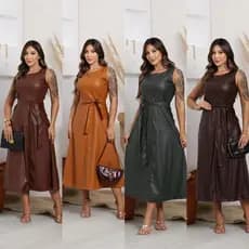Vestido Courino Midi Feminino Elegante Cinto Modelador Moda Evangélica 2026 moda outono inverno