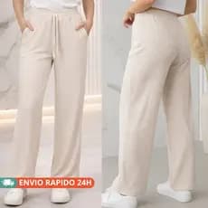 Calça Pantalona Feminina Canelado Reta Com Bolso Cintura Elástica Confortável Moda Casual Elegante