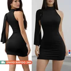 Vestido midi Feminino Curto Tubinho Um Ombro Só Manga Estilo Capa Para Festa e Balada Moda Feminina