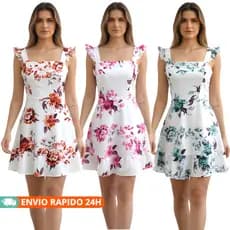 Vestido Feminino Curto Floral alcinha manguinha borboleta  Rodado Decote Quadrado Costas Abertas