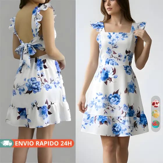 Vestido Feminino Rodado Feminino Estampado com Costas Abertas e Laço Decote Quadrado Soltinho