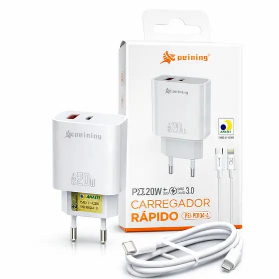 Carregador iPhone 20W PD QC Peining com Cabo Lightning - Carga Rápida - Proteção Inteligente