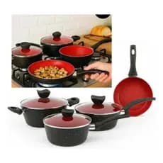 Conjunto Panelas Antiaderente 4 Pecas Tampa Vidro Revestimento Duravel Preto Vermelho