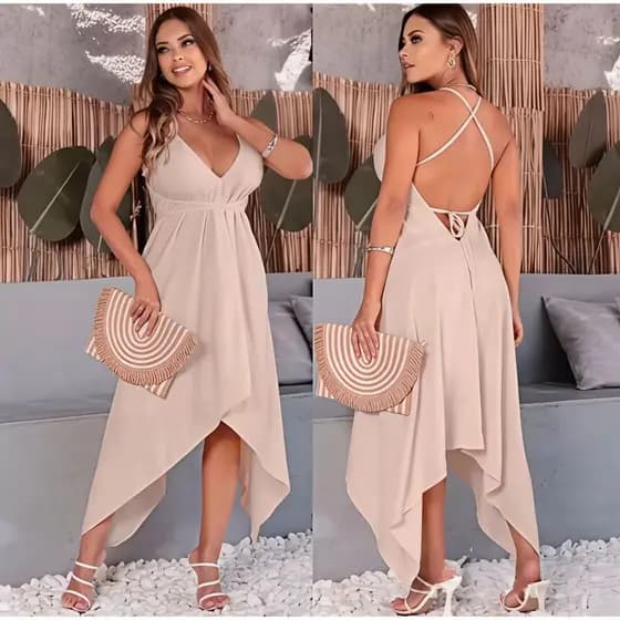 Vestido Feminino Envelope Alcinha Soltinho com Bicos e Decote nas Costas - Versátil