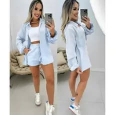 Conjunto Feminino Elegante Blazer + Short Azul bebe Estilo Social Chic Moda 2026
