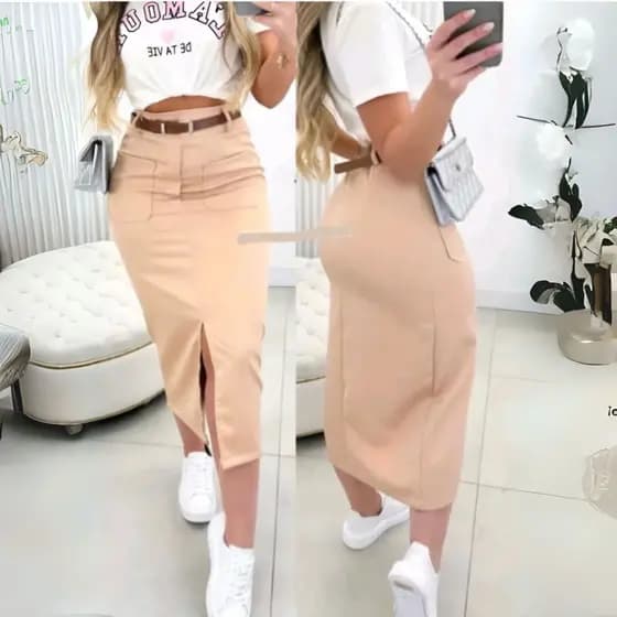 Saia Moda Evangélica Alfateria Bolso frontal Elegante Versátil Para festa.