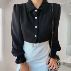 Blusa Feminina Preta Elegante Manga Longa Bufante Botões Dourados Social Look Trabalho