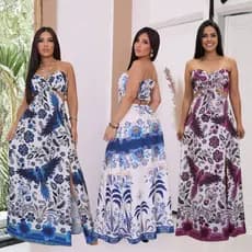 Vestido Longo Femenino Estampado Verão Lastex 2025