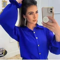Camisa Social Feminina Duna azul  Manga Princesa Tendencia