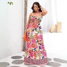 Vestido Longo Feminino Bege Tucano Decote com Amarração Estilo Praia Chic Verão