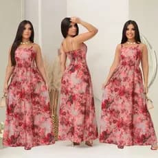 Vestido Longo Floral Feminino Elegante com Alça Fina Estampado Vermelho Moda Verão Festa Casual 2026