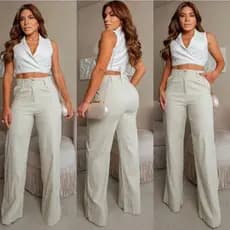 Calça Pantalona em Linho com bolso cintura alta social casual