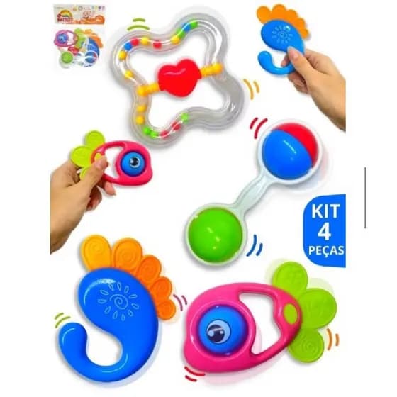 Brinquedos Para Bebê Kit com 4 pçs Chocalho + Mordedor Macio Colorido
