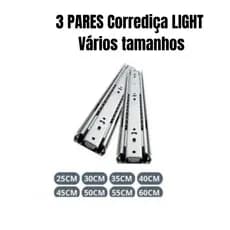 3 Pares Corrediça Trilho Telescópica Light TAMANHOS Variados - KIT3-CORREDIÇALIGHT