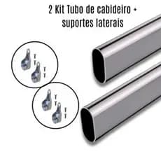 2 Kits Tubo Cabideiro Oval Arara p Guarda-Roupas + Suportes Laterais e Parafusos - Tamanhos variados