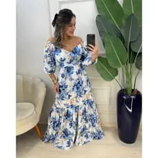 vestido longo feminino elegante com lastex nas costas manga 3/4 estampas em 3D