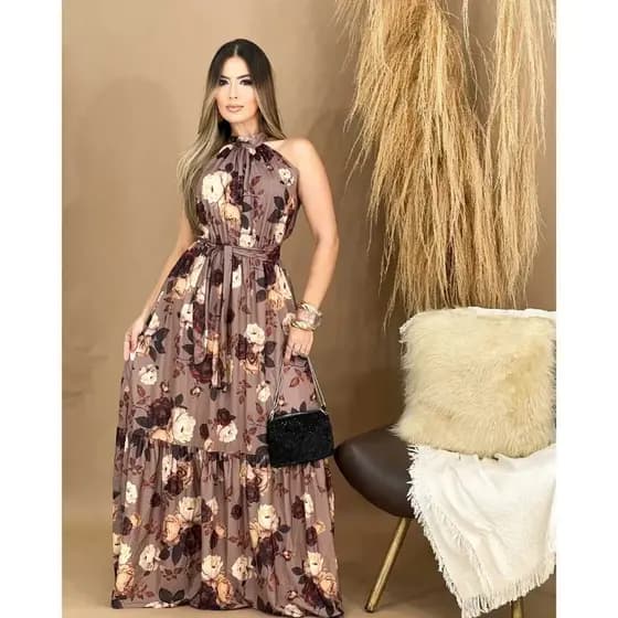 vestido feminino longo gola alta estampado floral