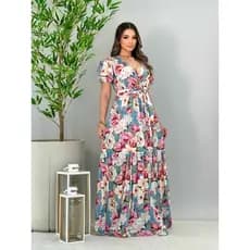 vestido feminino evangélico longo floral manga curta