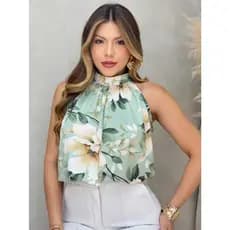 Blusa feminina estilosa Gola alta com botão nas costas estampas em 3D