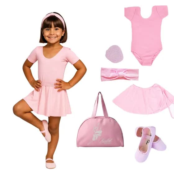 Kit Ballet Infantil Collant Meia Manga Uniforme Dança Jazz com 6 Itens Roupa de Bailarina