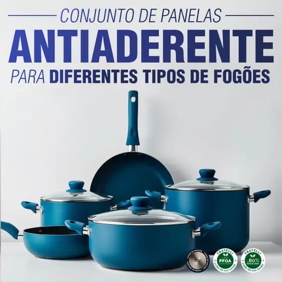 Jogo Panelas Antiaderente 9 Peças Moderno Blue Azul Conjunto Cozinha Fratelli Indução Caçarola Frigideira Colher Concha