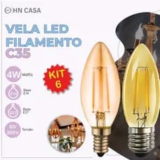 Kit 6 Lâmpada Filamento Vela Led E27 e E14 Luz Quente C35 2W Amba Retro Vintage 2200K 110V-220V Bivolt