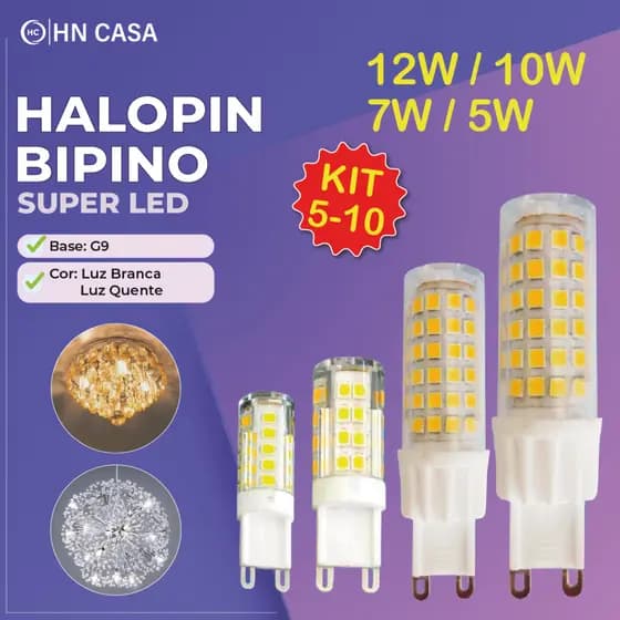 Kit 10 Lâmpada Led 12W 10W 7W 5W G9 Halopin | Luz Quente 2200K | Luz Fria 7000K Bipino | Arandelas e Decoração Bivolt