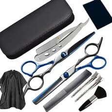 Kit Tesoura Barbeiro Fio Navalha E Desfiadeira + Acessórios Espanador Pente Presilhas em Metal Navalhete e Capa