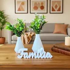 Kit de Decoração Completo Premium de Jarros Cone + Palavra Família e Com a Planta Artificial Brinde