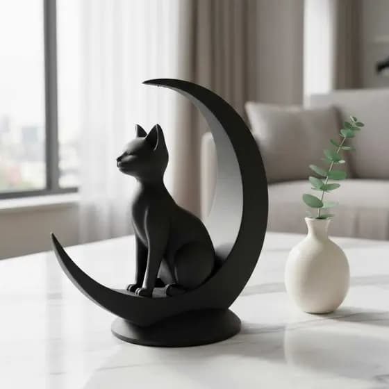 Escultura Decorativa Gato na Lua – Estilo Minimalista, Preto