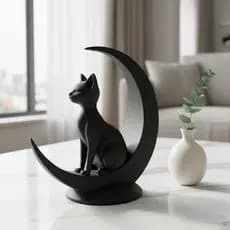 Escultura Decorativa Gato na Lua – Estilo Minimalista, Preto
