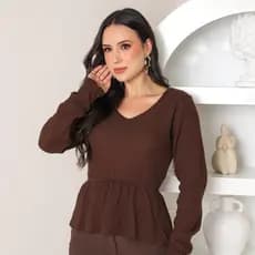 Blusa de Frio Feminina Peplum Elegante Bata Soltinha Babado Tricô Inverno Decote V Estilosa