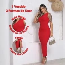 Vestido Feminino Vermelho Longo Midi Elegante Luxo Com Fenda Tricot Modal De Uma Manga Só