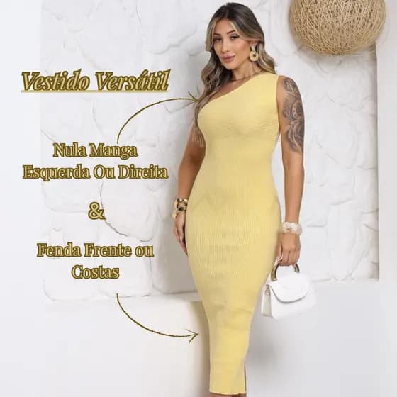 Vestido Feminino Elegante Jovem Midi Uma Manga Só Verão Soltinho Festa Amarelo Manteiga Longo