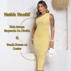 Vestido Feminino Elegante Jovem Midi Uma Manga Só Verão Soltinho Festa Amarelo Manteiga Longo